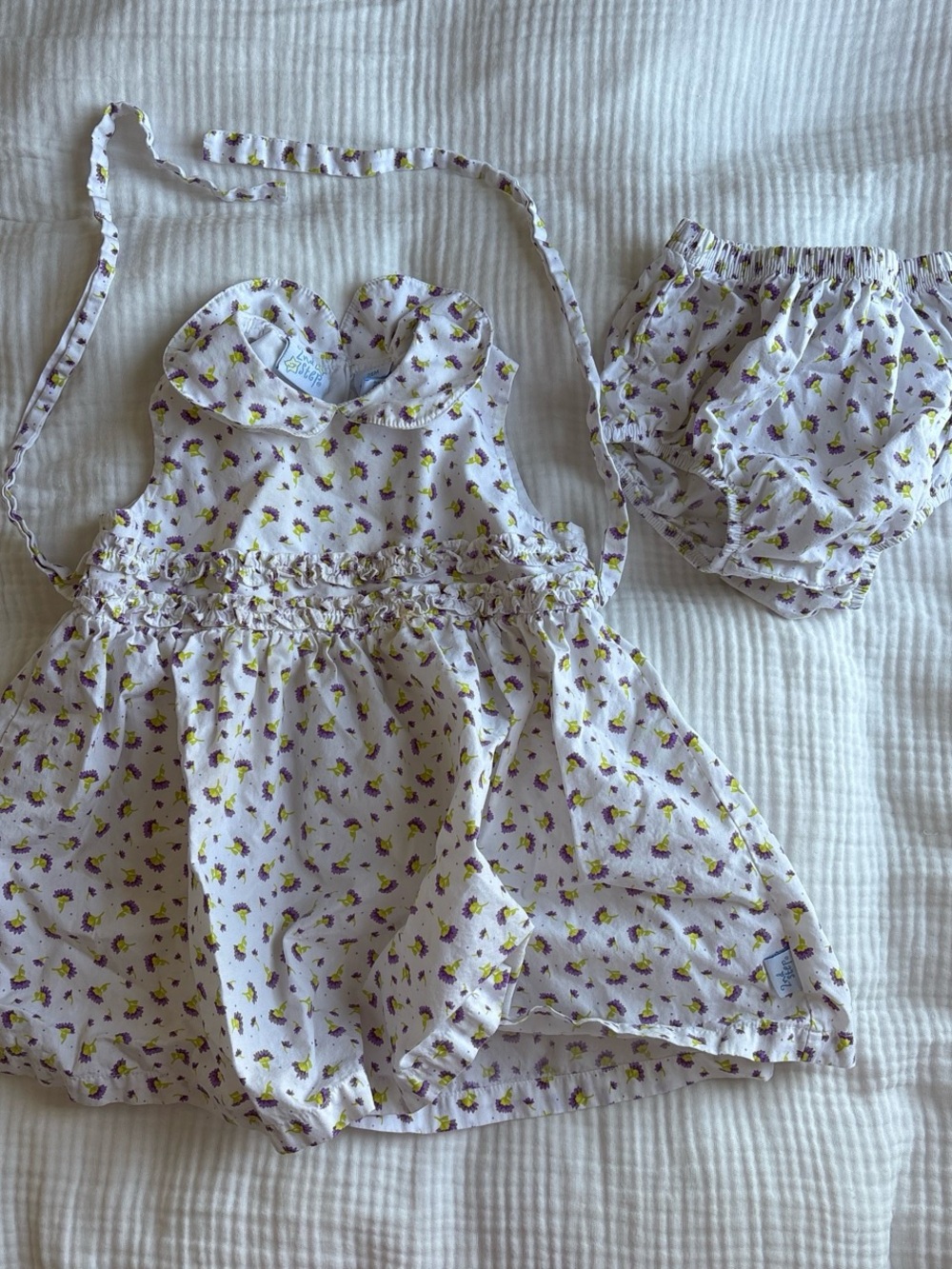 Baby Floral Smocked Dress & Bloomers - White with Purple & Yellow